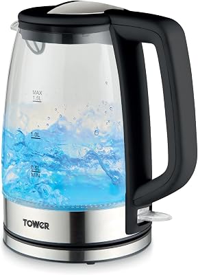 Tower PT10090BLK Illuminating Glass Kettle with Removable Filter, Boil Dry Protection, 1.7L, 2200W, Black & Stainless Steel