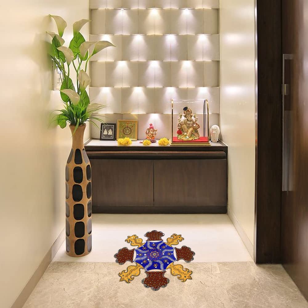 Ritwika's Symmetrical Designer Foldable Rangoli Set | Multiple Pieces With Double Sided Tape | Suitable For Both Wall And Floor Decor Diwali/Events/Inauguration| Blue, Brown and Yellow | 18 X 18 Inces 3