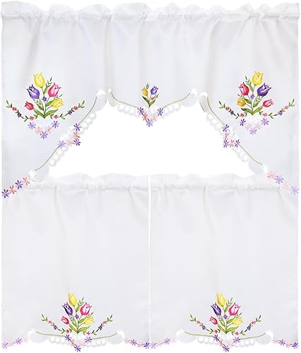 Simhomsen Juego de cortinas bordadas de tulipanes para ventana de cocina, juego de festones y niveles para Pascua y primavera (tulipanes)