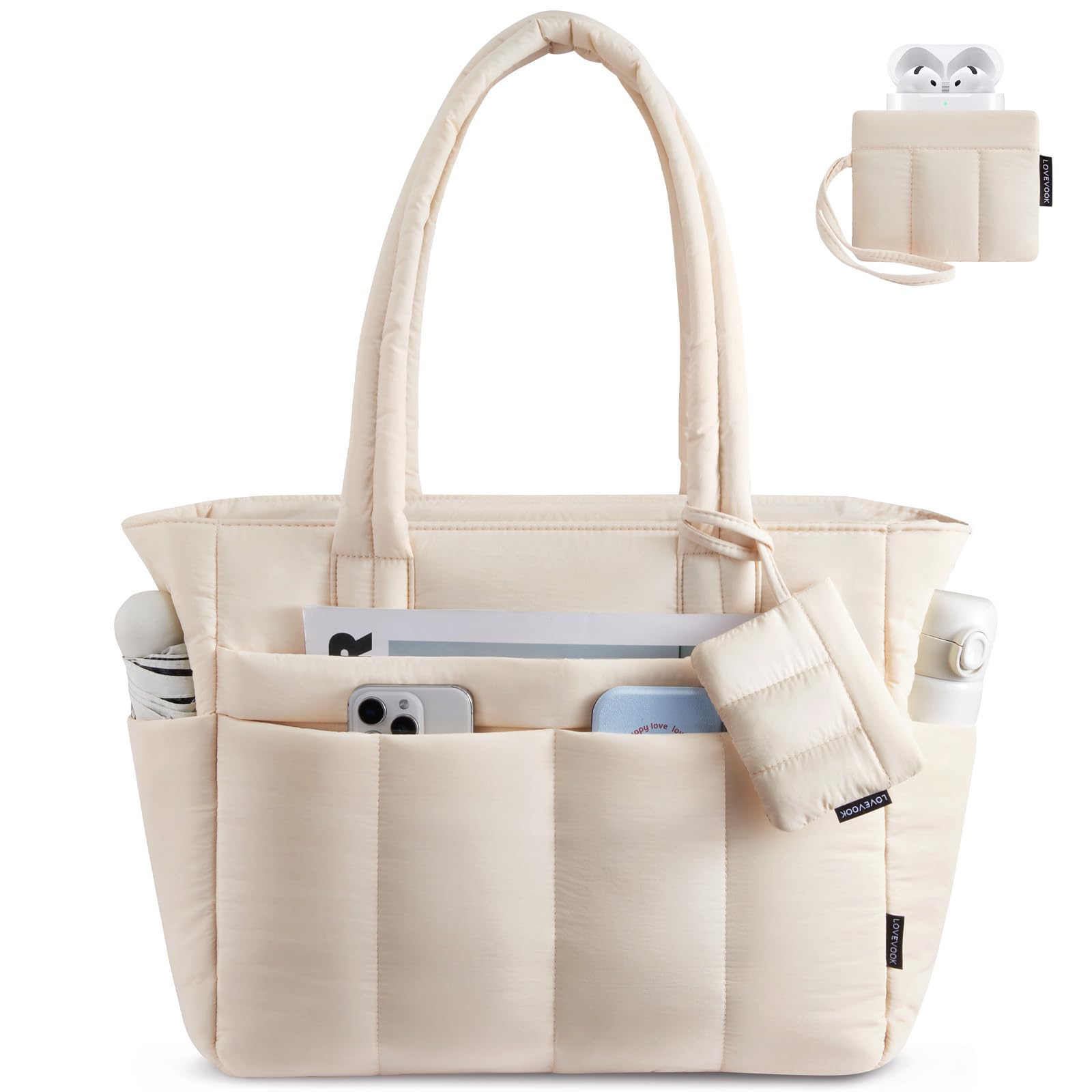 LOVEVOOK Handtasche Damen Shopper Tasche, Puffy Tote Bag mit Reißverschluss, Leicht Arbeitstasche Schultasche Lehrertasche mit Laptopfach, Handbags Women für Arbeit Büro Uni Reise Shopping