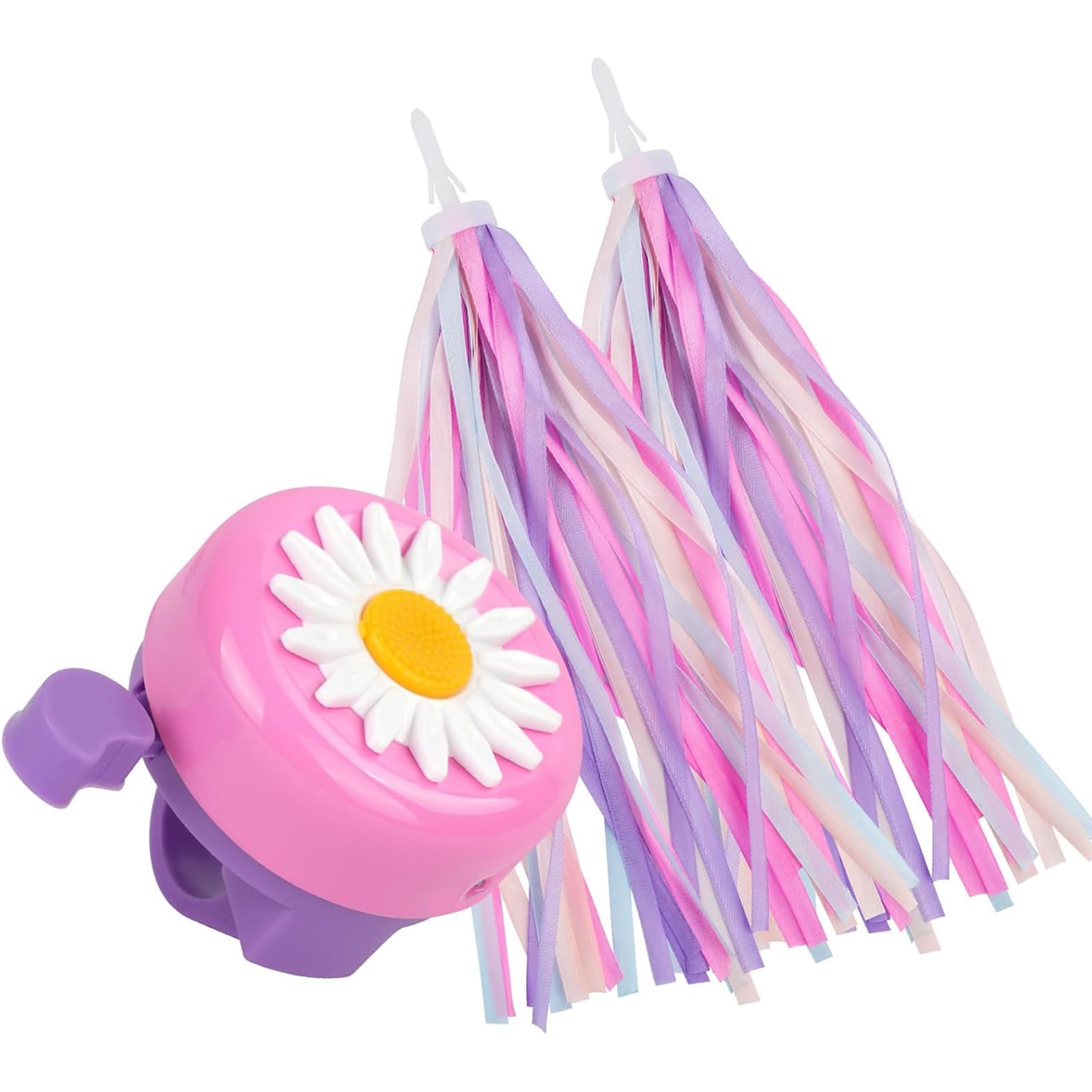 Bike Bell Kids & Bike Tassels for Girls Set, 1 Pack Loud Bicycle Bell with 2 Colorful Streamers, Kids Bike Bell for Children's Bikes/Scooters/Tricycles, Safe Aluminum (Pink Purple)