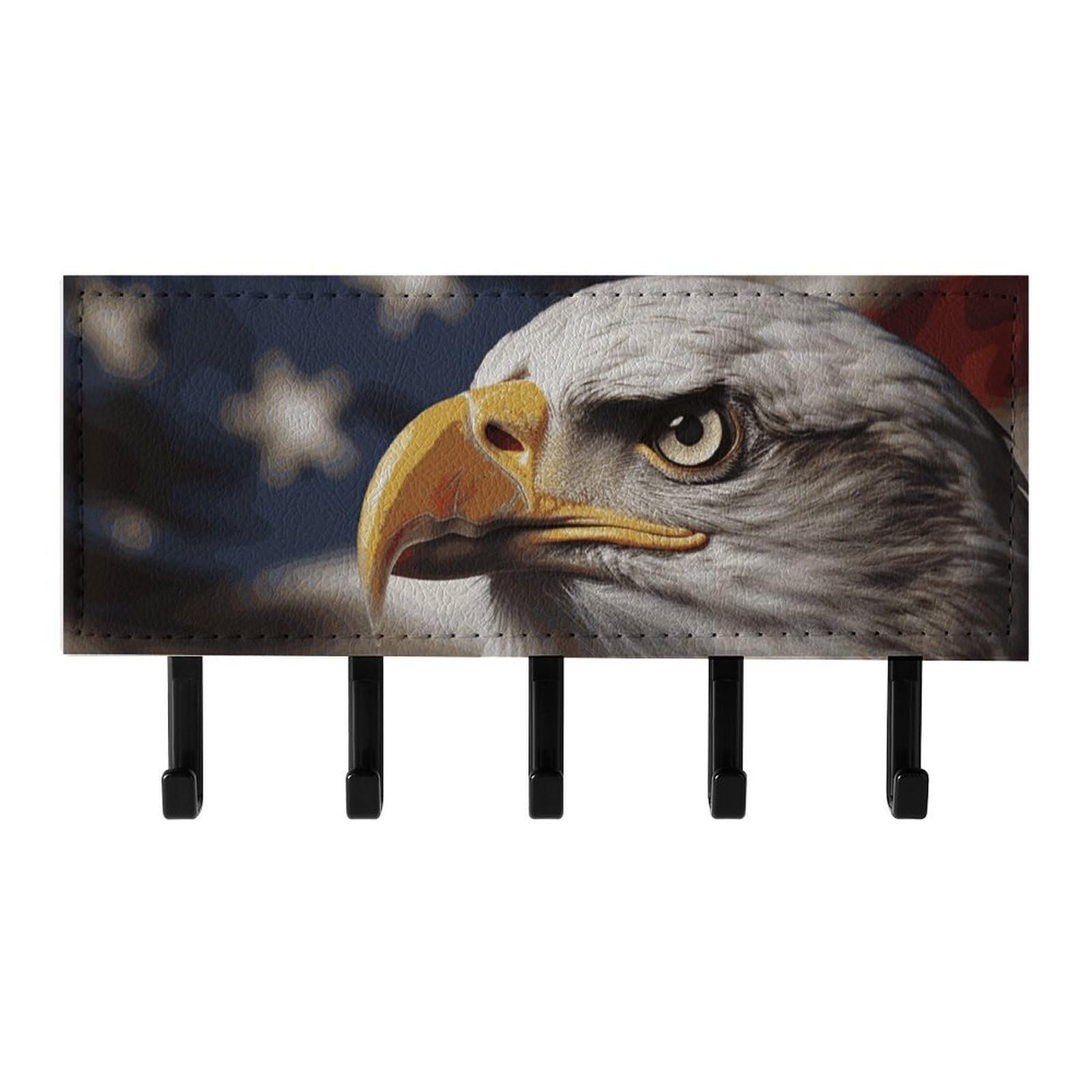 QMNLKH Bald Eagle US Flag Pictures Wall Mounted Key Rack for Home, No Drilling Key Holder with 5 Hooks, Self Adhesive Keys Chain Organizer for Hallway, Keys Hanger Shelf for Office, Doorway Black