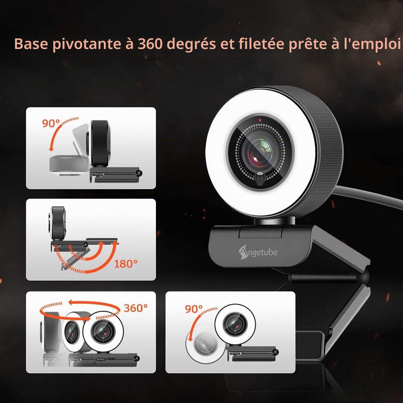 Angetube Streaming Webcam HD 1080P avec Anneau de lumière, 967 USB PC autofocus Webcam avec Double Microphone, caméra vidéo pour Mac Windows Portable pour conférences et Jeux Xbox OBS Skype Youtube