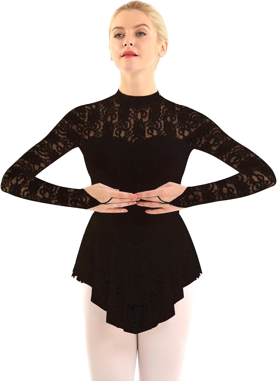 Women Roller Neck Dance Ice Skating Costume Training Lace Stretch for Ballet Stage Performance