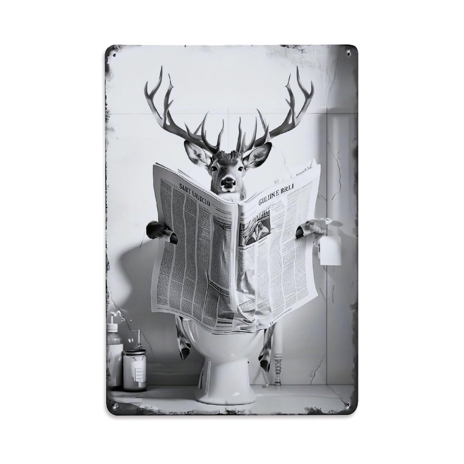 Bliveurn Vintage Deer Reading Newspaper On Toilet Retro Metal Tin Sign, Metal Poster For Home, Gaming Room, Studio Workshop,Bar,Garage Wall Art Decor 8X12 Inch