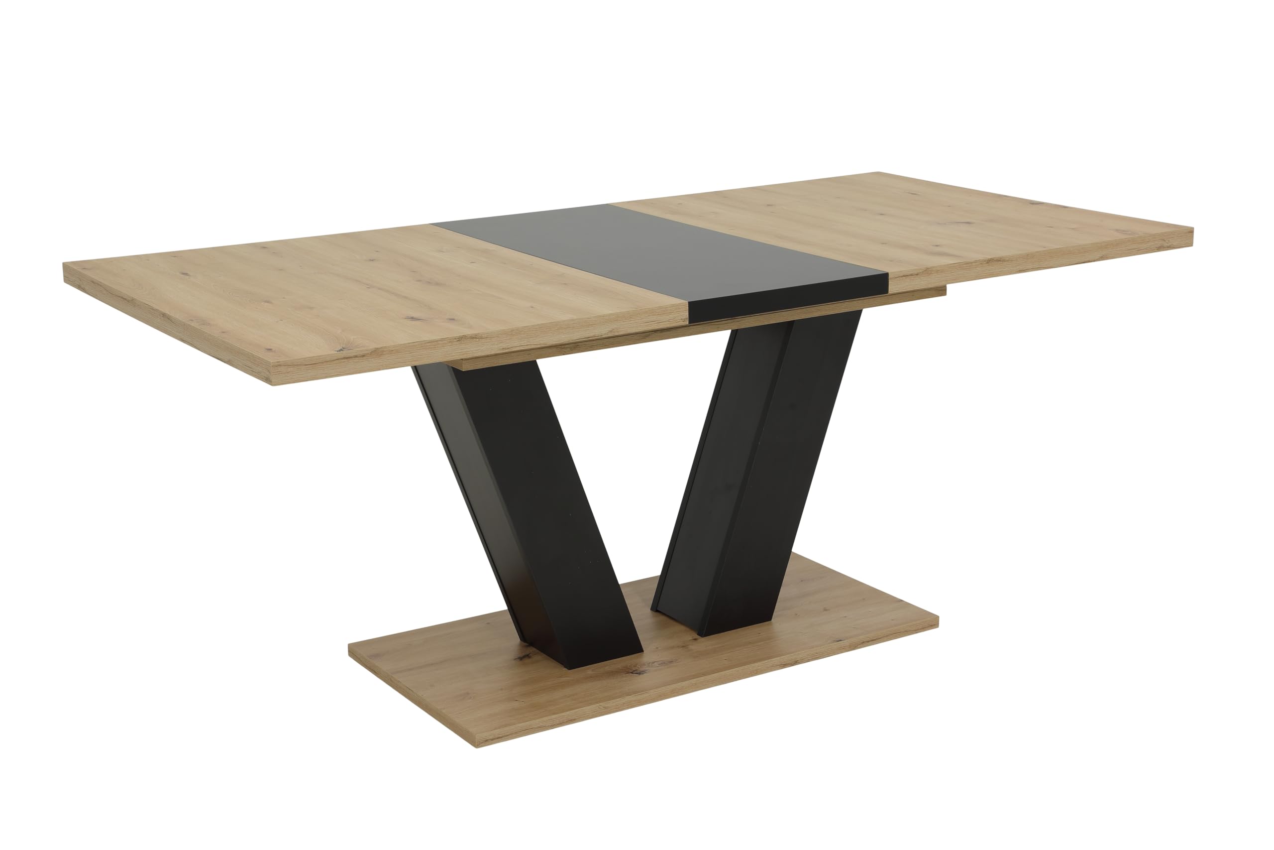 Hela Tische, Ausziehbarer Esstisch Hamm, Dekor Artisan Eiche und Schwarz, 140-180 x 90 cm, V-förmiges Gestell, Synchronauszug, Melaminbeschichtung und ABS Kante