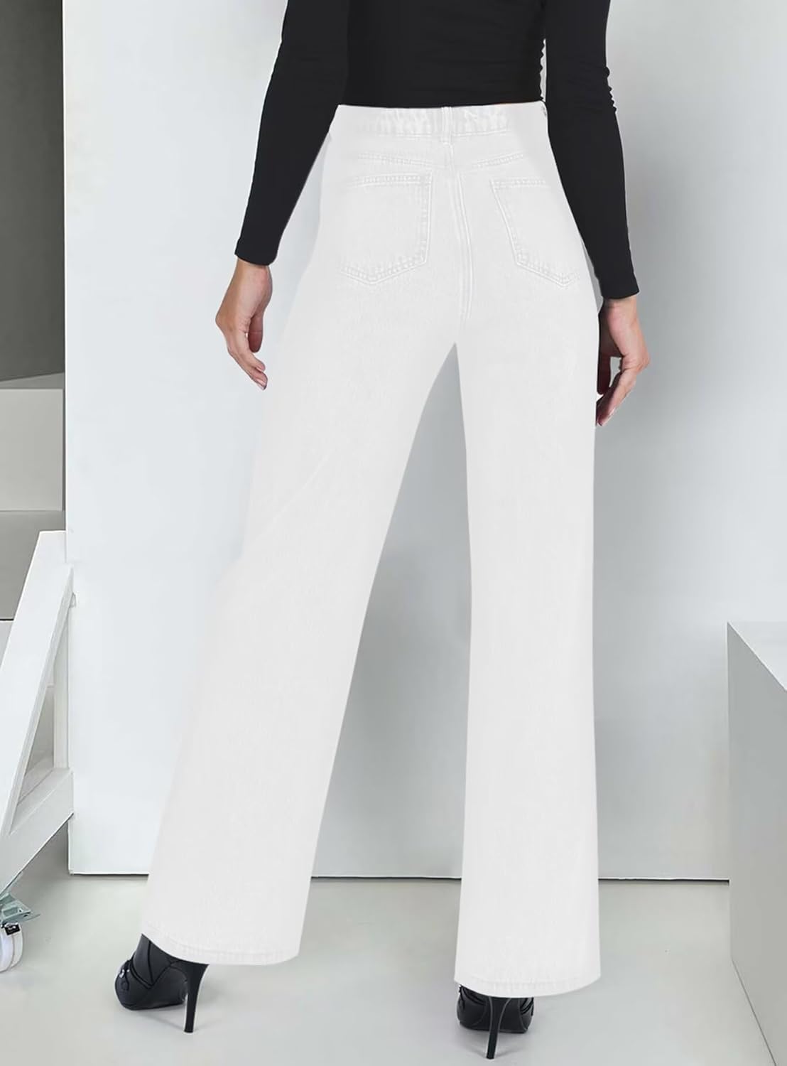 KDF Straight Leg Jeans for Women High Waisted Jeans Frayed Baggy Pants Raw Hem Loose Stretchy Cropped Wide Leg Jeans