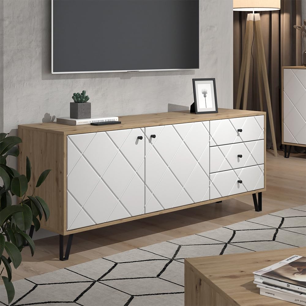 Vicco Lowboard Nizza, Artisan-Eiche, 150.2 x 60.2 cm | mit 3 Schubladen & 2 Türen, zur Nutzung als Ablagefläche neben dem Bett