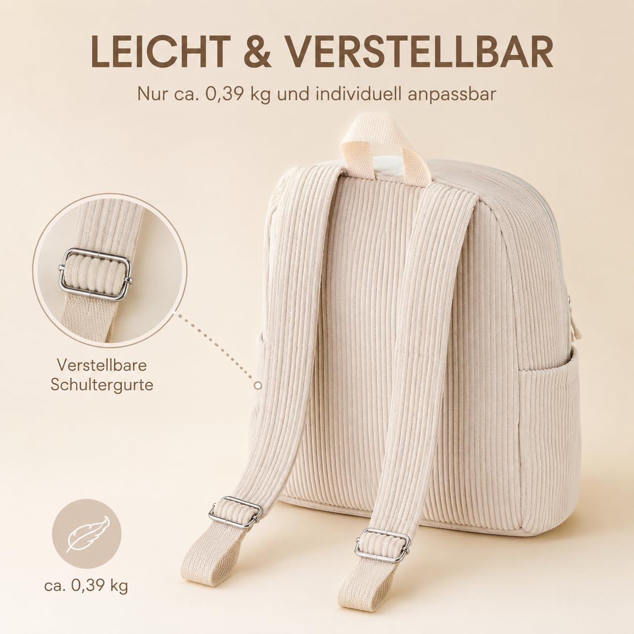 LOIDOU Petit sac à dos pour femme, petite ville, sac à dos décontracté en velours côtelé, mini portefeuille pour l'école, le travail, les voyages, le shopping