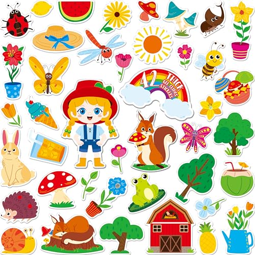 42PCS Summer-Theme Jelly Stickers, Butterfly Flower Farm Thick Window Door Clings Removable Reusable Gel Decals for Kids Toddlers Adults Home Classroom Decoration Party Supplies (Not Edible)