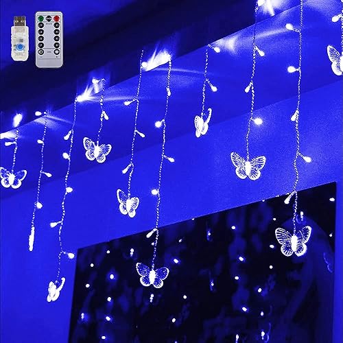 Luces de cortina de mariposa, 60 luces LED de 13.1 pies, alimentadas por USB, 8 modos, luces de cortina de ventana con 12 mariposas, impermeables,