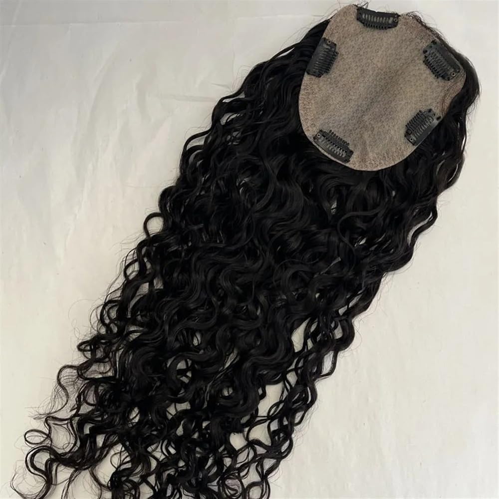 Topper for capelli umani ricci e ondulati lunghi 8-22" 150 densità vergini europei neri naturali 15x16 cm base in seta clip in parrucche(12 inches)