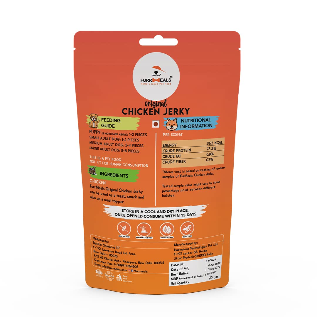 FurrMeals Original Chicken Jerky | High Protein Low Fat | Natural Treat for Dogs & Cats | Zero Preservative Human Grade Dog Treat | Pack of 3 x 70gm, All Life Stages, Stick 2