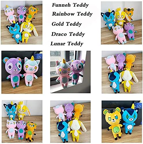 10.6in Funneh Plushies, Cartoon Cute Soft Stuffed Animal Doll Gift for Children (Funneh Teddy + Rainbow Teddy+ Gold Teddy +Draco Teddy+ Lunar Teddy)