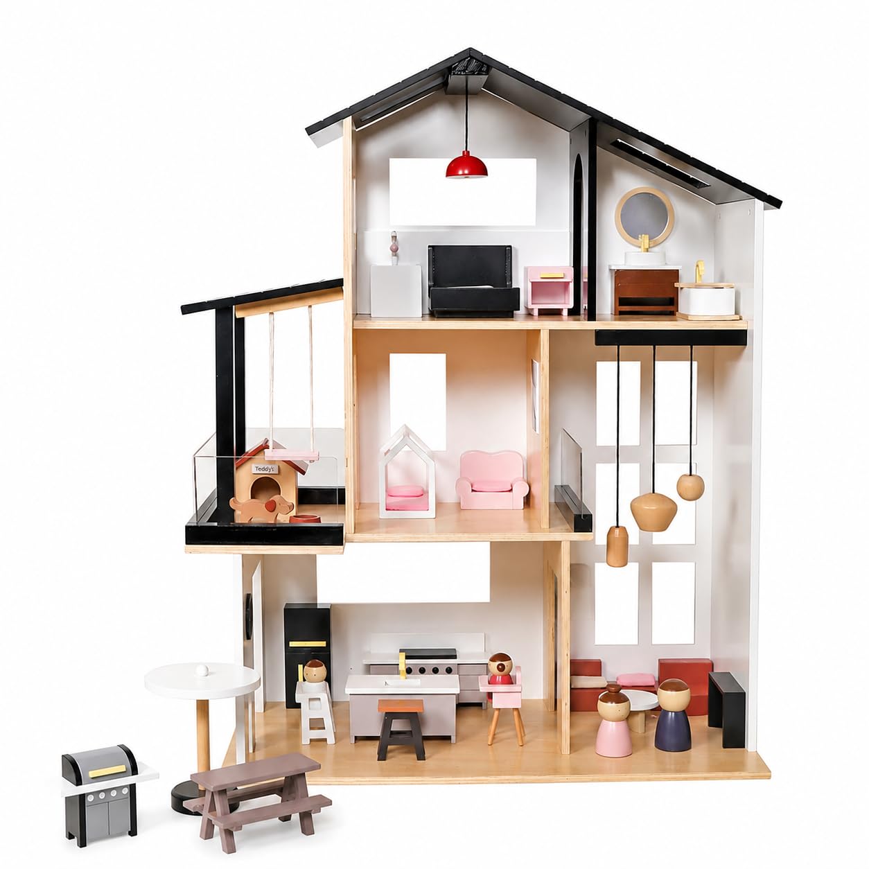 Modernes Puppenhaus Villa aus Holz mit 49-TLG Möbelset & Spielfiguren, inkl. Hundezimmer, Große Stadtvilla für Kinder, Skandinavisches Design, Puppenhausmöbel Set komplett möbliert, Schwarz-Weiß