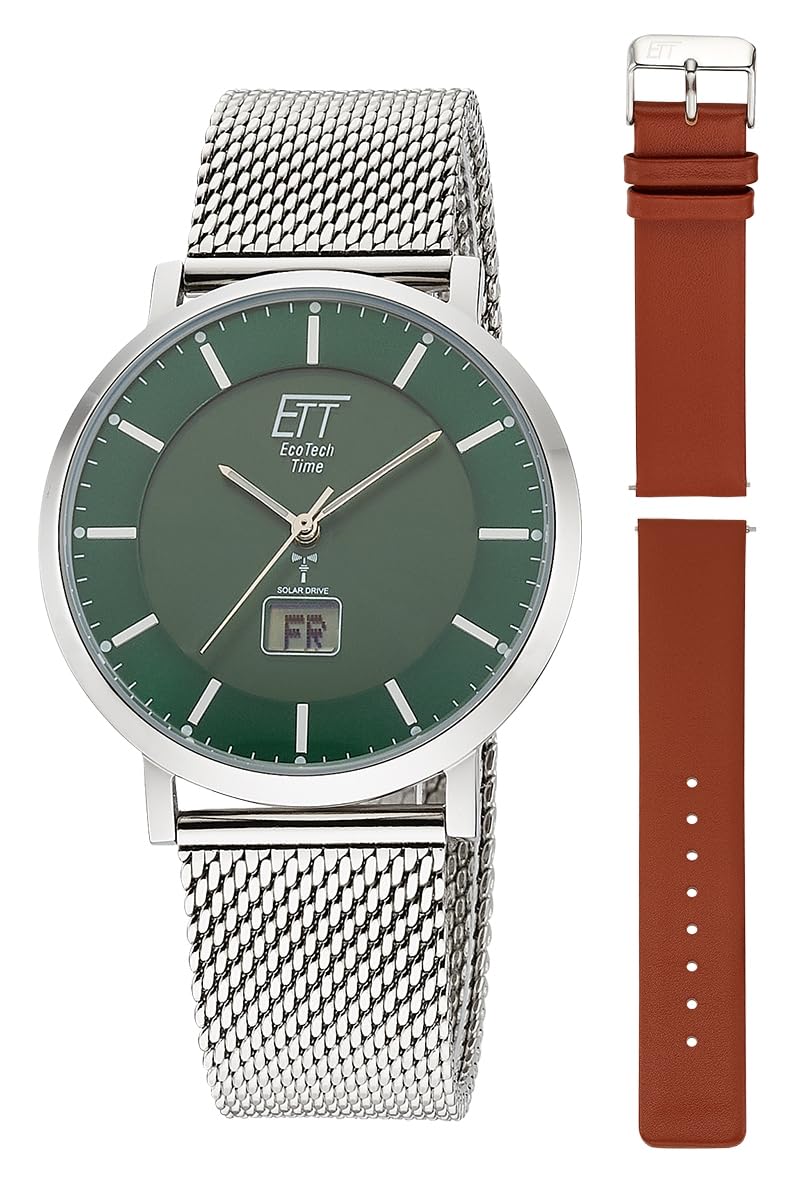 ETT Eco Tech Time Funk Solar Herren Uhr Analog mit digitalem Datum mit Edelstahl,Leder Armband EGS-11622-81MS