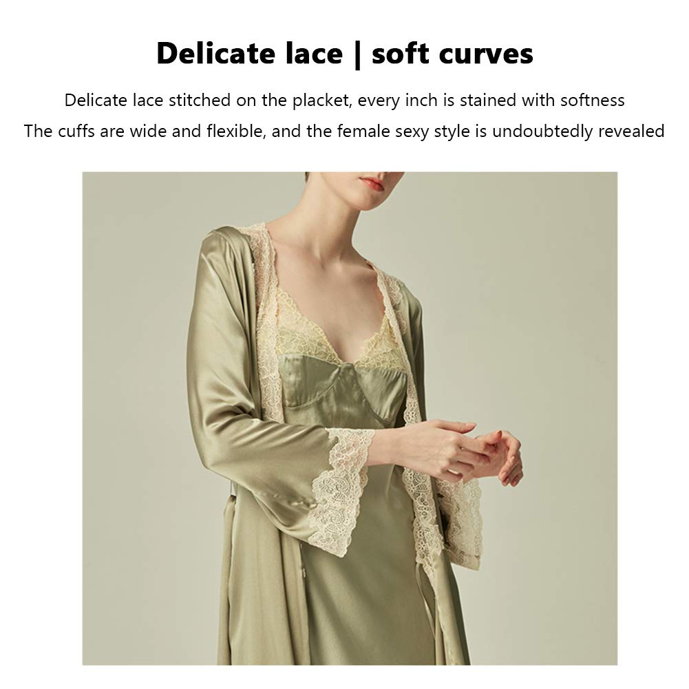 Camicia da Notte in Seta di Pizzo Francese, Vestaglia di Seta (Bretelle escluse),S (Verde Grande)