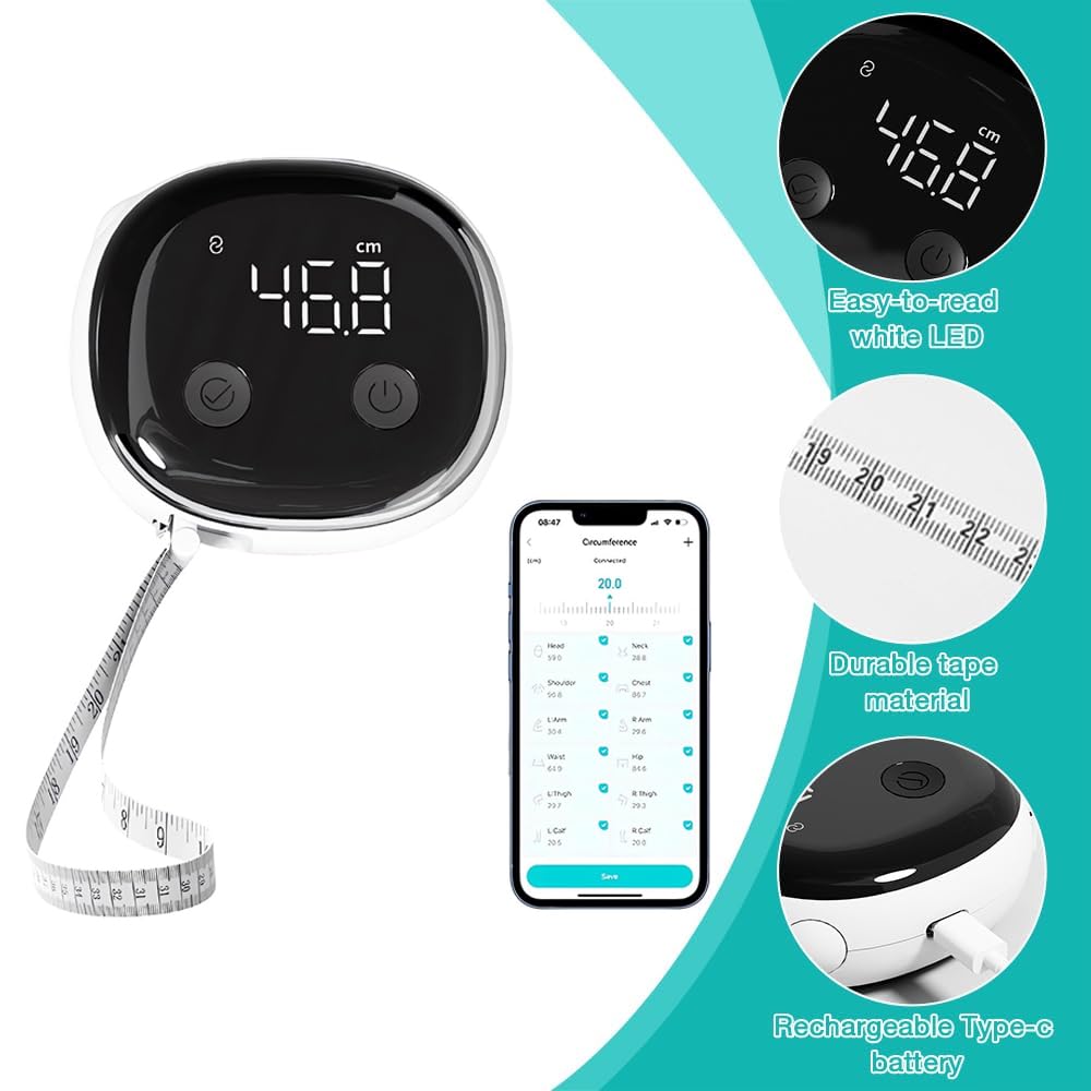 Smart Körpermaßband, Bluetooth Maßband Körper mit LED HD-Vollbildschirm & APP, Einziehbar Smart Körperumfangmaßband, Digitales Intelligentes Körpermaßband für Körpermessung, Bodybuilding
