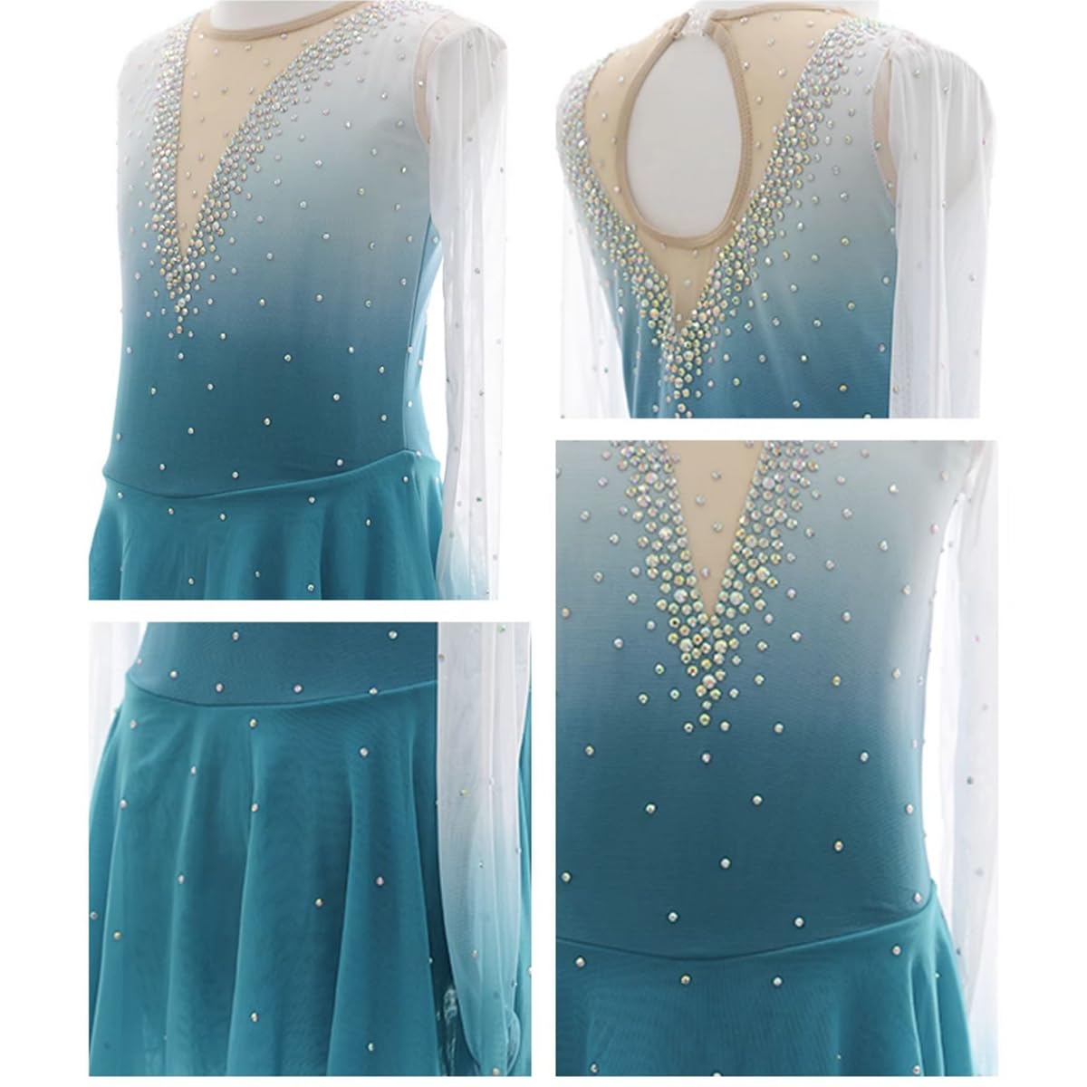 purpleq Damen Eiskunstlauf Kleid Langarm Kürkleid mit Strass Rollkunstlauf Wettbewerb Tanzanzug Gymnastikanzug Professionelle Eiskunstlauf Bekleidung Für Mädchen