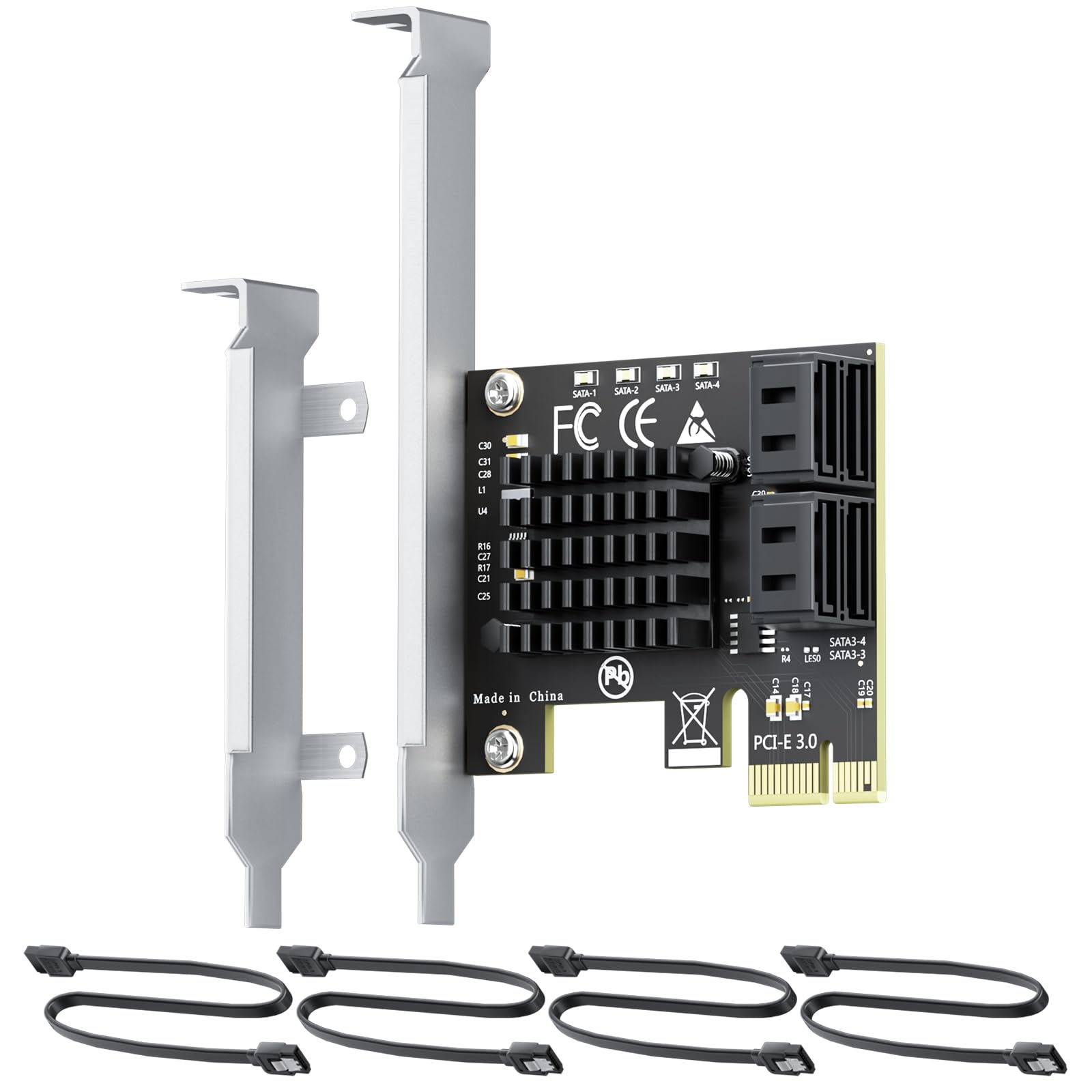 4-portowa karta rozszerzeń PCIe 3.0 na SATA III, adapter ASM1064 Chip 6 Gb/s, obsługuje SSD/HDD, Plug and Play, kompatybilna z Windows/Linux/macOS/NAS (w tym 4 kable SATA)