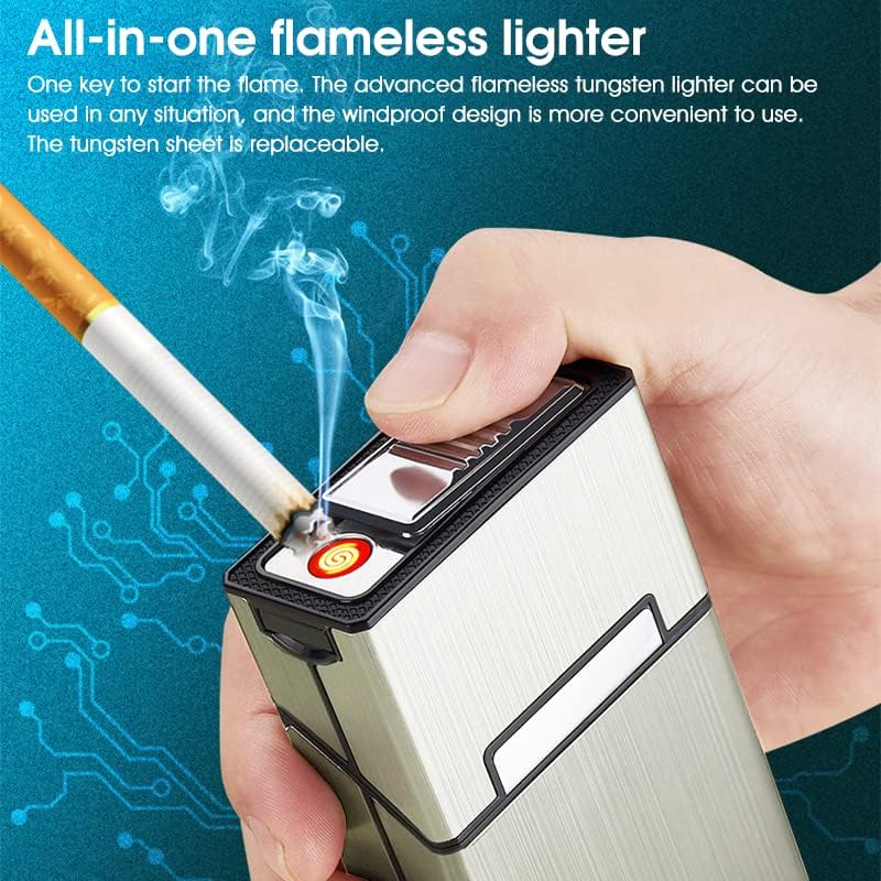 Image of GUSTAVE Brushed Aluminum Cigarette Case with USB Electric Lighter, Portable Cigarette Box for Whole Package 20pcs Cigarettes, Flameless Lighter, Moisture-Proof and Scratch(Golden)