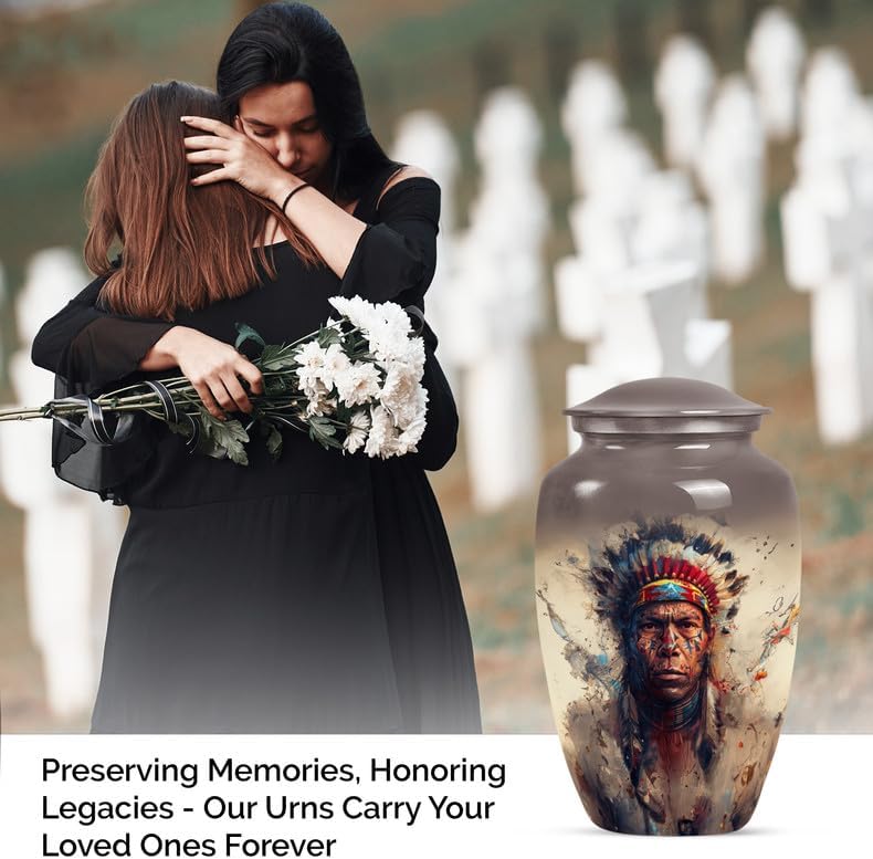 Native American Funeral Decorative Urns, Memorial for Human Remains Mom & Dad, Large with Velvet Bag, Cremation Urn for Adult Men & Women, Urn for Ashes Adult Male & Female, Gray
