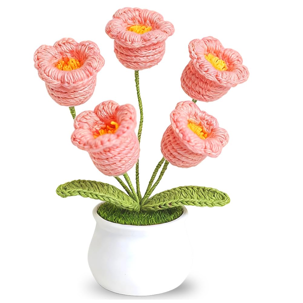 Eduplayte Women's Pink Crochet Flowers Lily Of The Valley Bouquet, Realistic Knitted Orchid In Pot, Potted Plant Gift Desk Decor, Suitable For Home And Office Desktop,Car Decoration ﻿