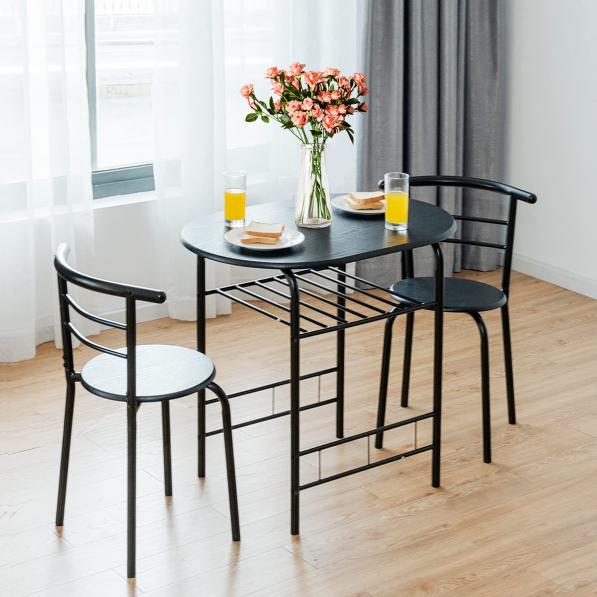 LIFEZEAL Set di 1 Tavolo da Pranzo e 2 Sedie da Cucina, per Colazione, Ergonomico, Schienale Alto, Telaio in Metallo, Sala da Pranzo, Cucina, Ristorante, Balcone, Montaggio Facile, 3 Pezzi, Nero