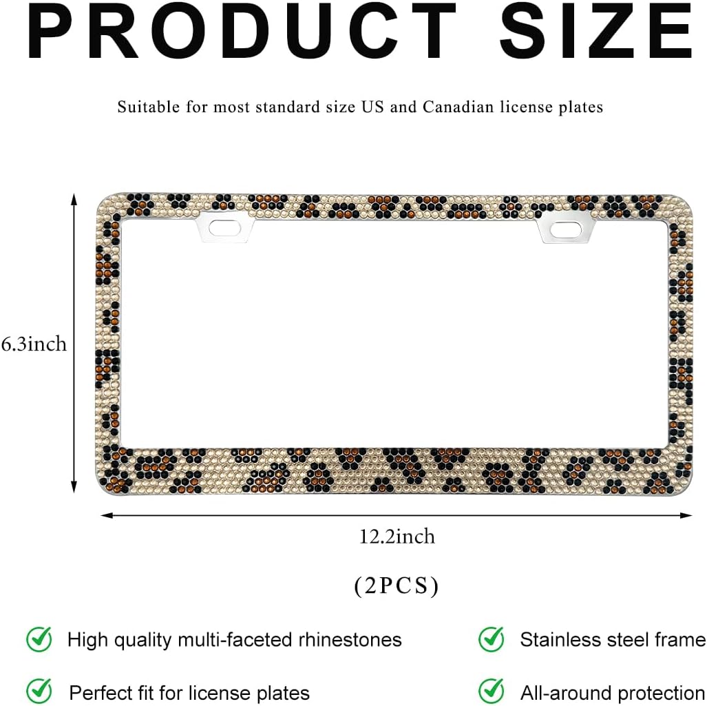 2 PCS Bling License Plate Frame, Stainless Steel Glitter Crystal Diamond License Plate Cover Holder, Sparkly Bedazzled Rhinestone Car Tag Covers for Women, Car Accessories (Leopard Print) image 2