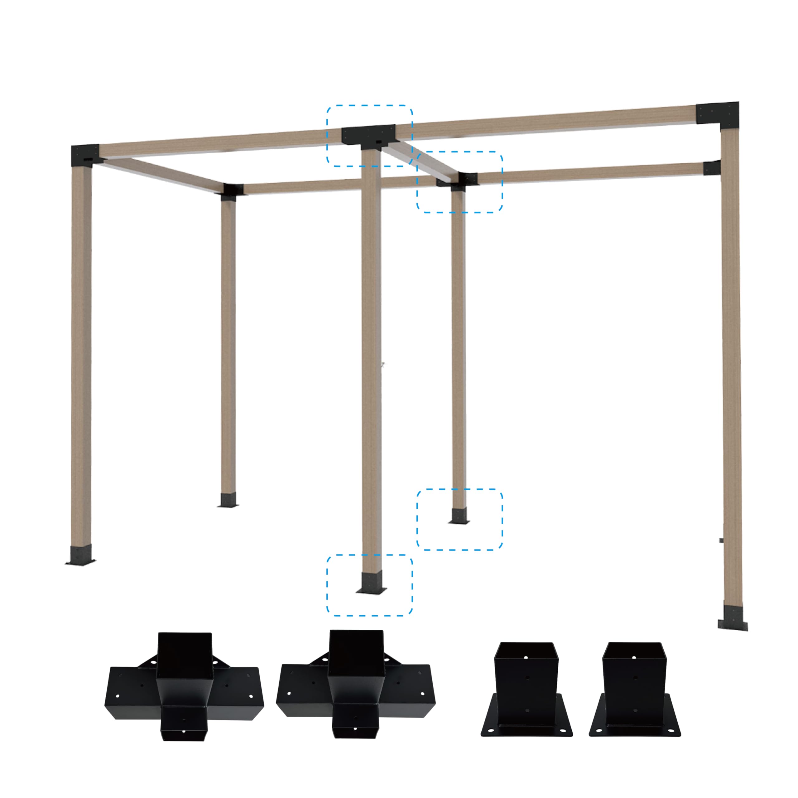 VoTwoofv Pergola-Halterung 4-Wege, Rechtwinklig – Für 8,9x8,9 Cm (4x4) Holzpfosten, Verzinkter Stahl, Schwarz, Inkl. Montageset