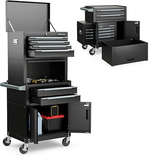 IRONMAX Cofre de herramientas rodante, 2 en 1 ampliado de acero resistente con 6 cajones con caja de herramientas superior bloqueable y 4 ruedas