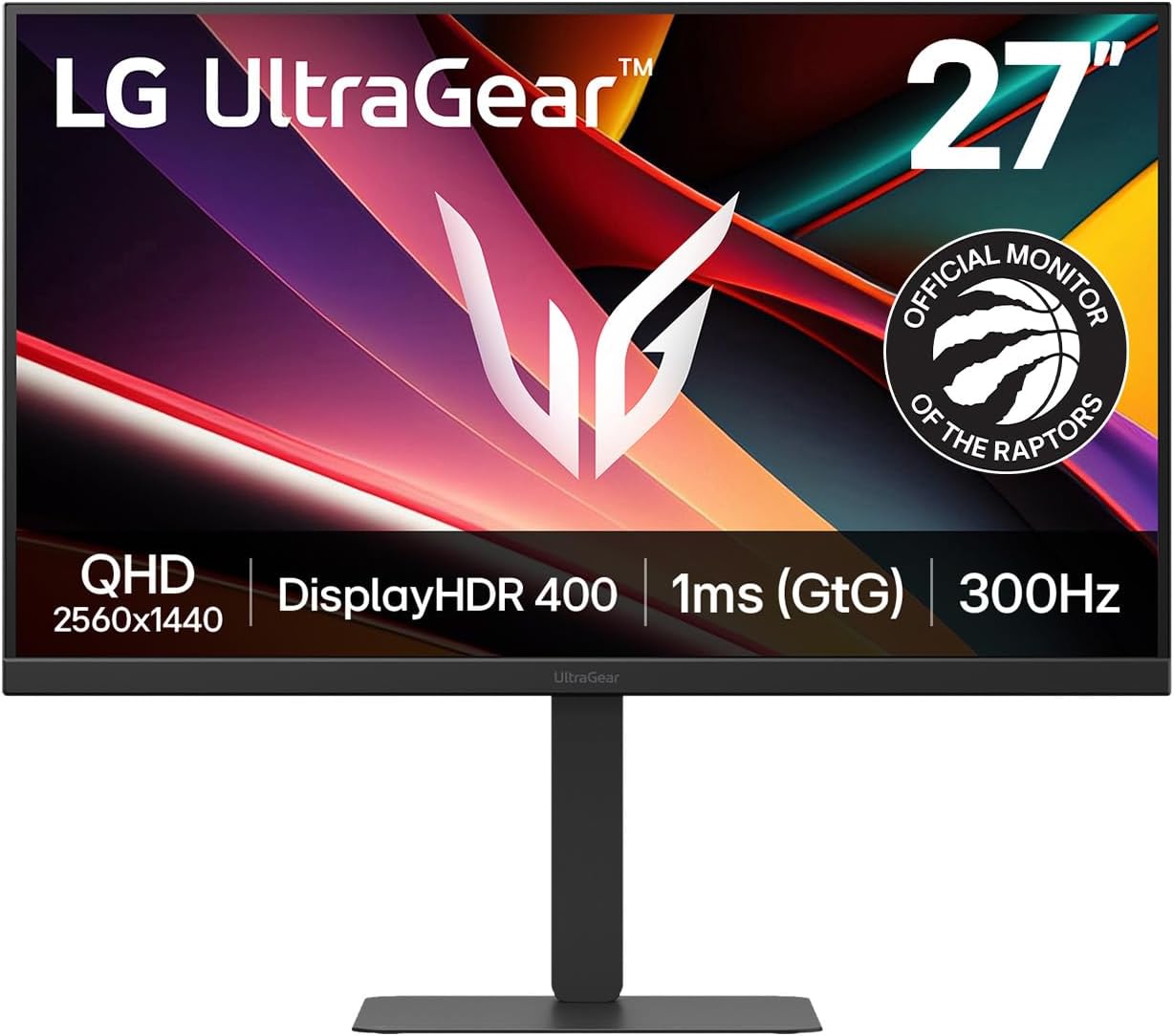 LG Ultragear™ G6 27G640A 27” QHD Gaming Monitor | 300Hz IPS, 1ms GtG, NVIDIA G-SYNC®, FreeSync Premium, DCI-P3 95%, VESA DisplayHDR 400, USB-C PD 15W, Adjustable Stand, Black