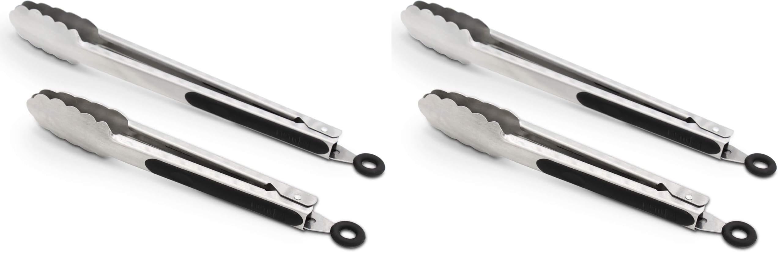 304 Stainless Steel Kitchen Cooking Tongs, 9" and 12" Set of 2 Sturdy Grilling Barbeque Brushed Locking Food Tongs with Ergonomic Grip, Black (Pack of 2)