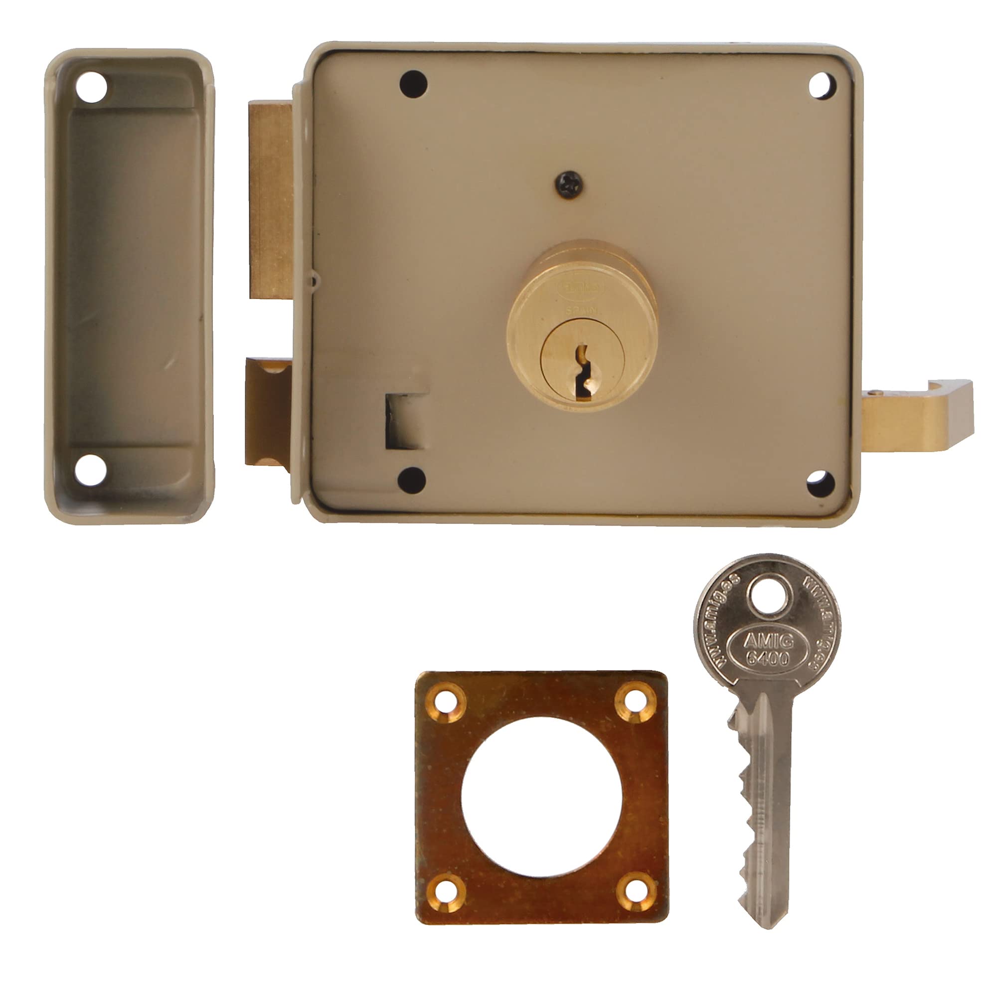 Amig - Serratura a Soprapponere Destra con leva di Chiusura, Linguetta e Maniglia per Porte in Legno Mod. 78 | 100 x 85 mm | Chiavistello con Cilindro Rotondo a Dente di Sega | Acciaio Beige