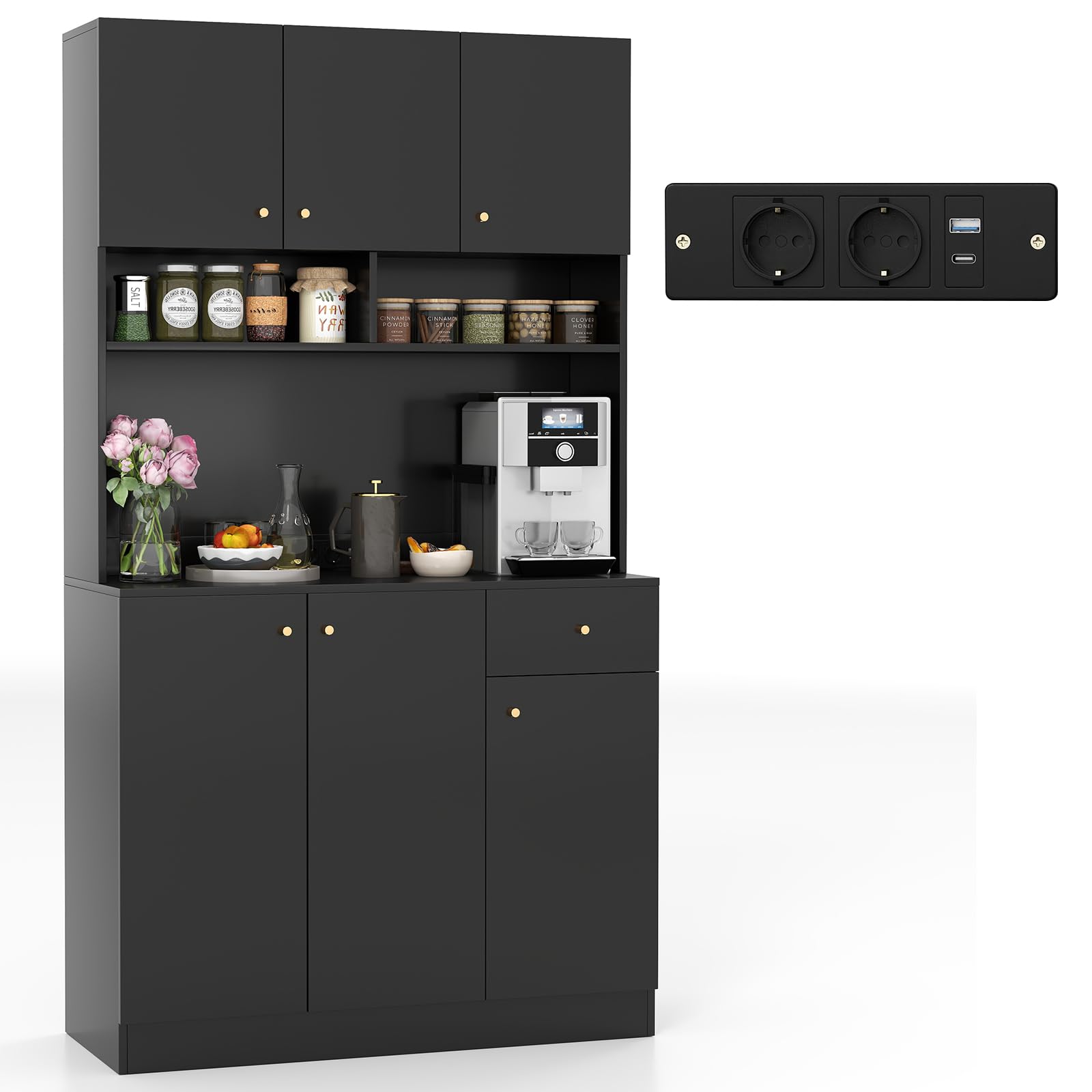 COSTWAY Buffet de Cuisine, Meuble de Cuisine avec Prises, 4 Placards, Grand Tiroir, Station de Recharge, Vaisselier, Armoire pour Salon, Salle à Manger, 100x40x181CM(Noir)