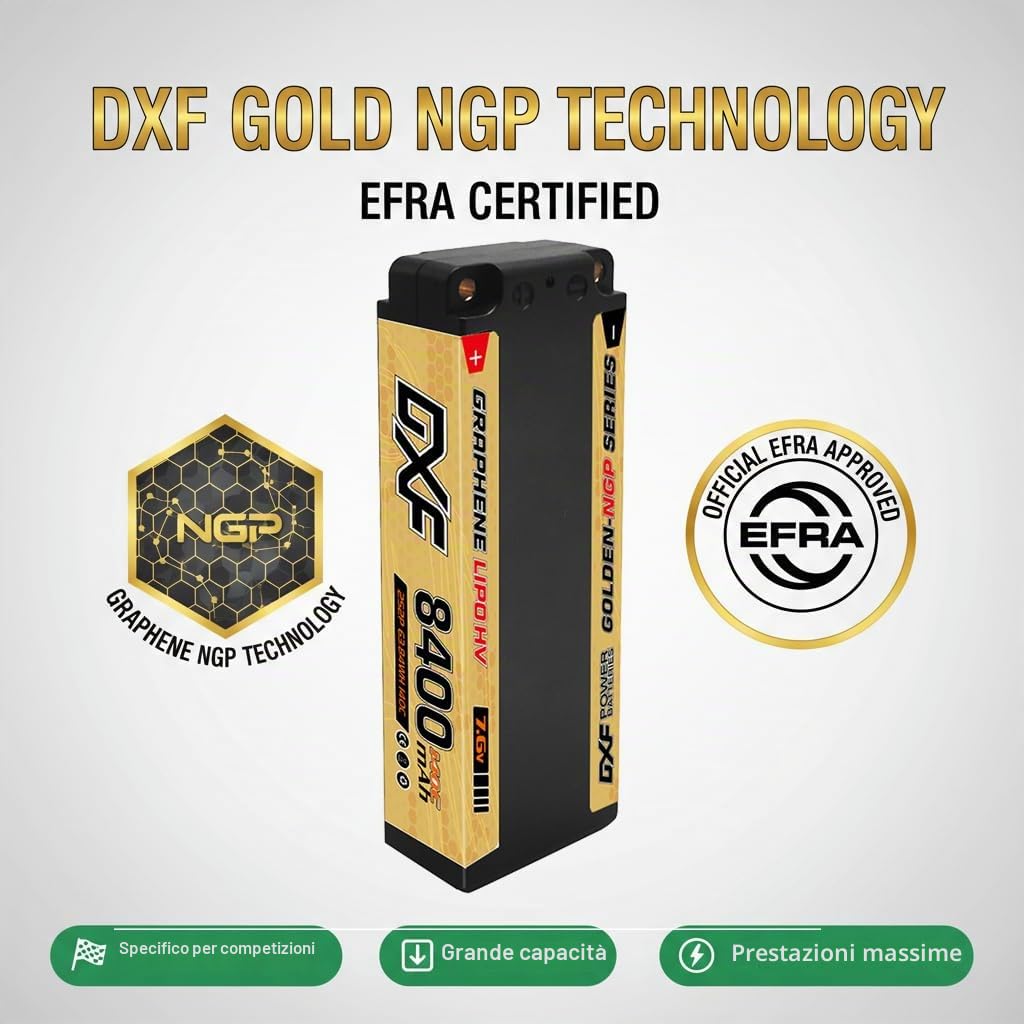 DXF Batteria LiPo 2S 7.6V 8400mAh 140C HV Spina Deans T Bullet 5mm EFRA Auto RC 1/8 1/10 Truck Buggy Touring Car Compatta Leggera Potente Gare Racing Corse Modellismo 2 Pezzi