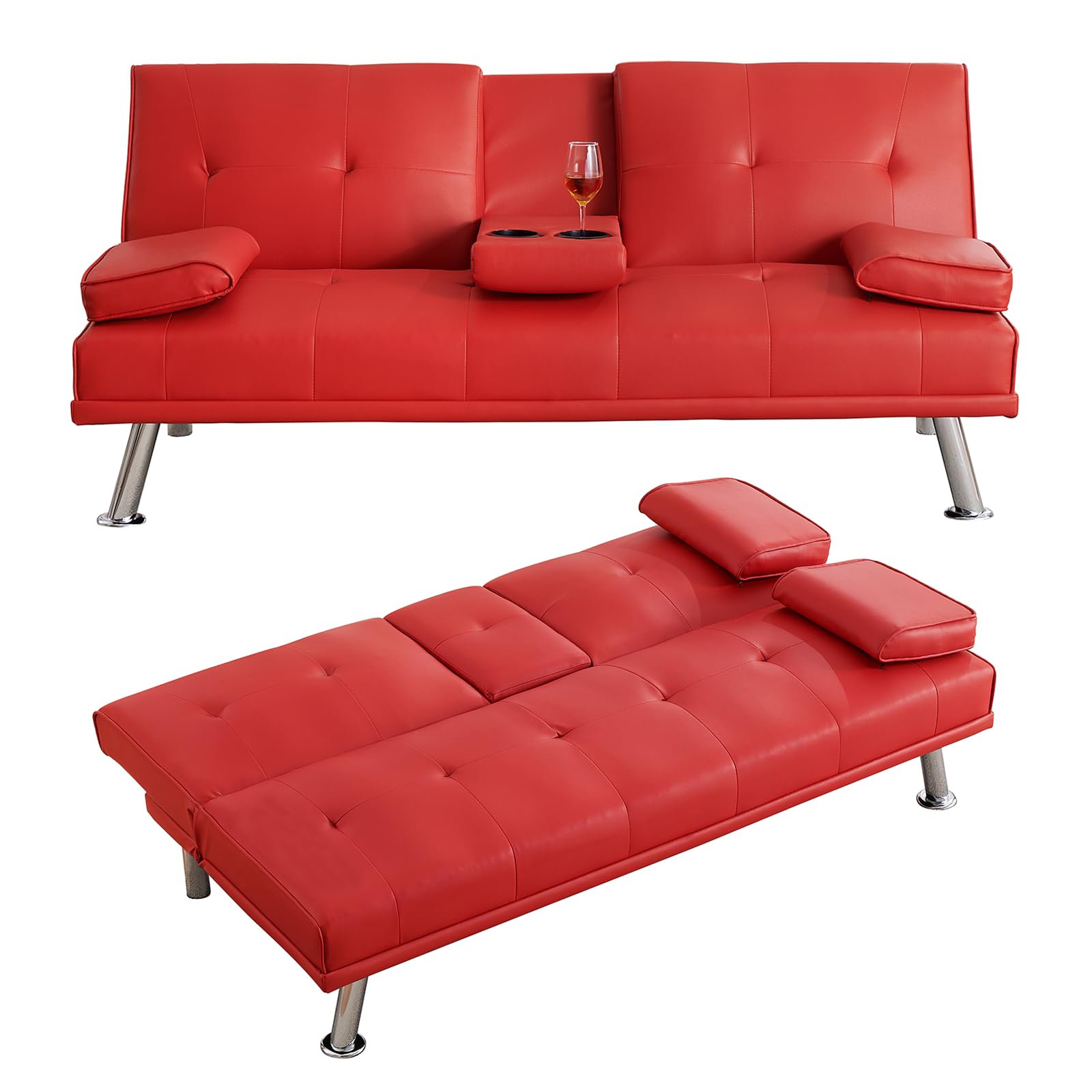70" Futon Sofa Bed,Convertible Folding Futon Couch with Coffee Table | Multifunctional 3 Adjustable Reclining Sleeper Sofa, Small Leather Couch for Living Room/Bedroom Small Spaces (Red)