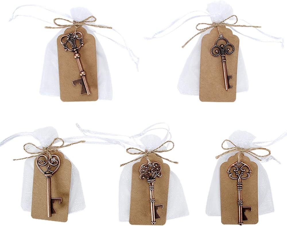 GoMaihe Bottle Opener Keyring Set of 50, Vintage Wedding Favours for Guests Beer Bottle Opener with Brown Paper Tags, Souvenir Gift Rustic Party Banquet Decorations Bar Supplies, Antique Bronze