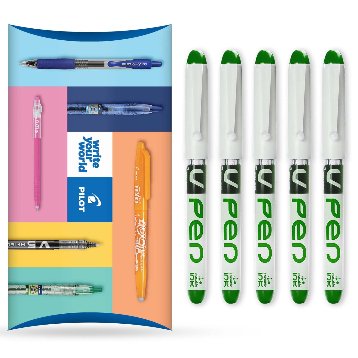 PILOT V PEN - Erasable Disposable Fountain Pen - 0.6mm Nib Tip - Medium Line - In Envelope Gift Packaging - Pack of 5 - Green Ink