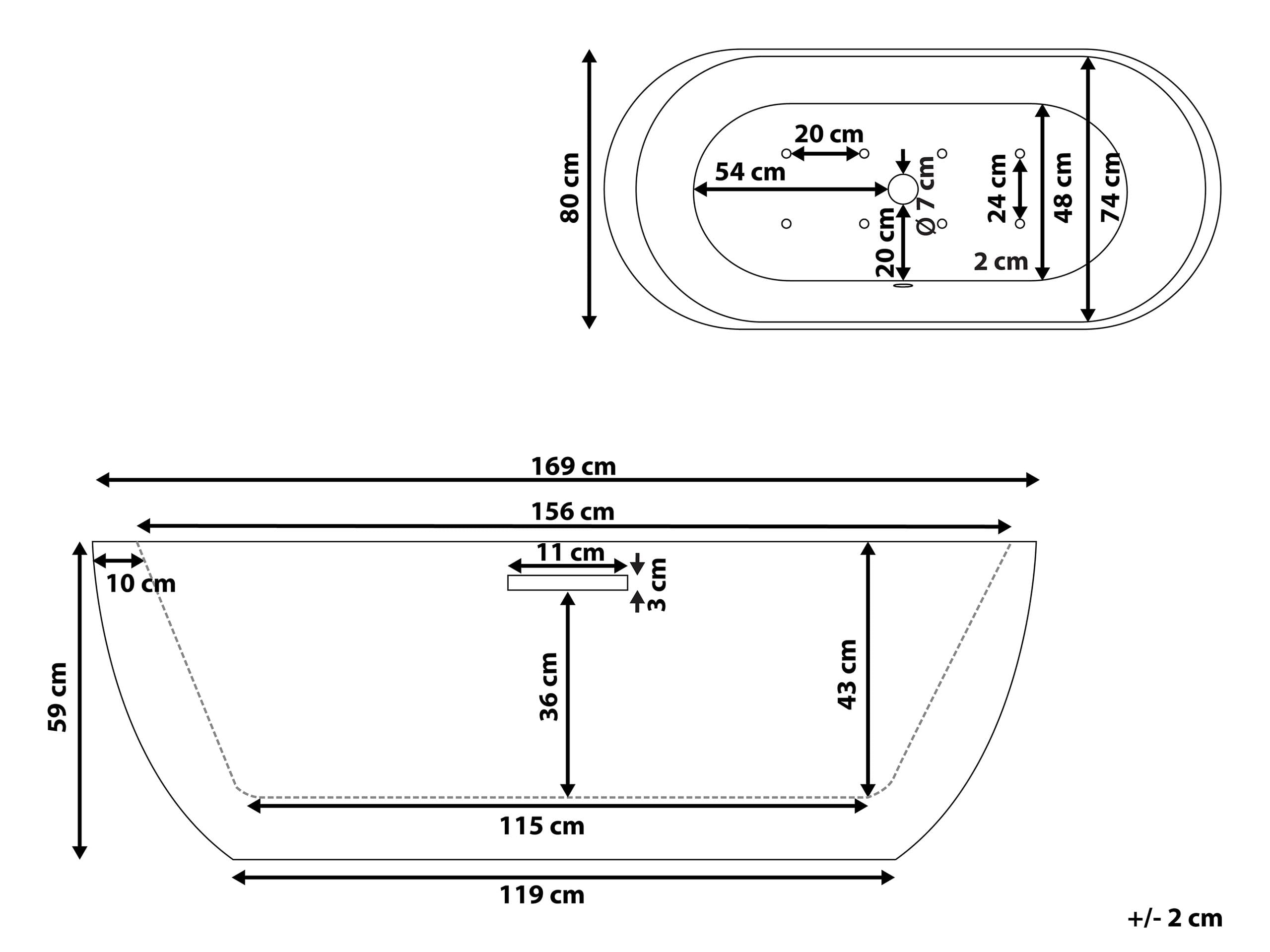 Vasca da Bagno Freestanding Idromassaggio con Luci LED Bianca 170 cm