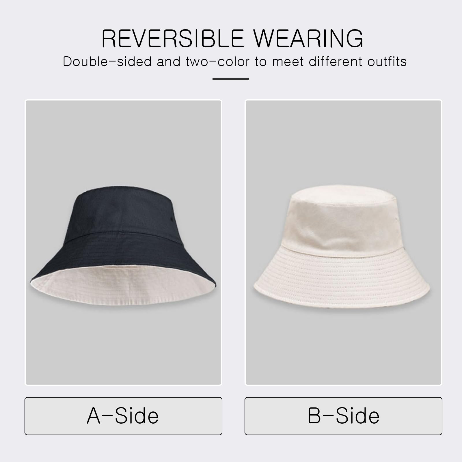 LumiSyne Chapeau De Pêcheur Unisexe Chapeau De Soleil à Bord Large UPF 50+ Couleur Unie Réversible Respirant Coton Chapeau De Seau avec Jugulaire Détachable Pliable Chapeau d'Été pour Plage Voyage