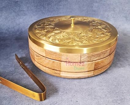 Homez Decor Multipurpose Wooden Chapati Box, Casserole | Roti Hot Pot Container for Kitchen - Airtight Pure Brass Lid & Hand Engraved Flower Design Lid & Tong