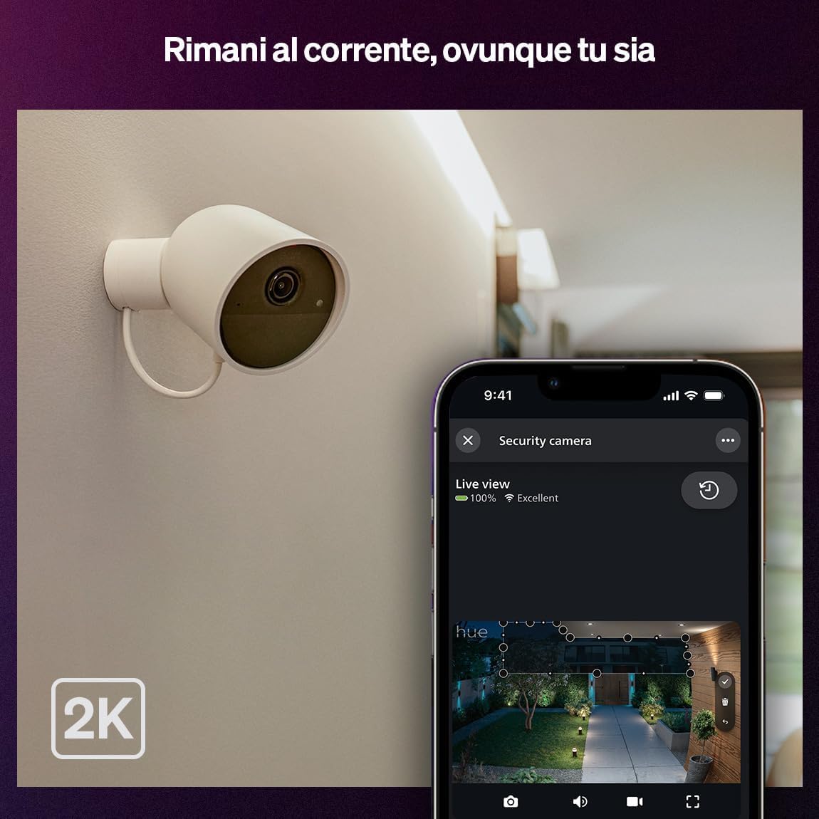 Philips Hue Secure, Videocamera di sorveglianza smart, Bianco | Video in 2K, Cablata, Notifiche in tempo reale, Per interni ed esterni, Smart Home, Visione notturna, Controllo da app Hue