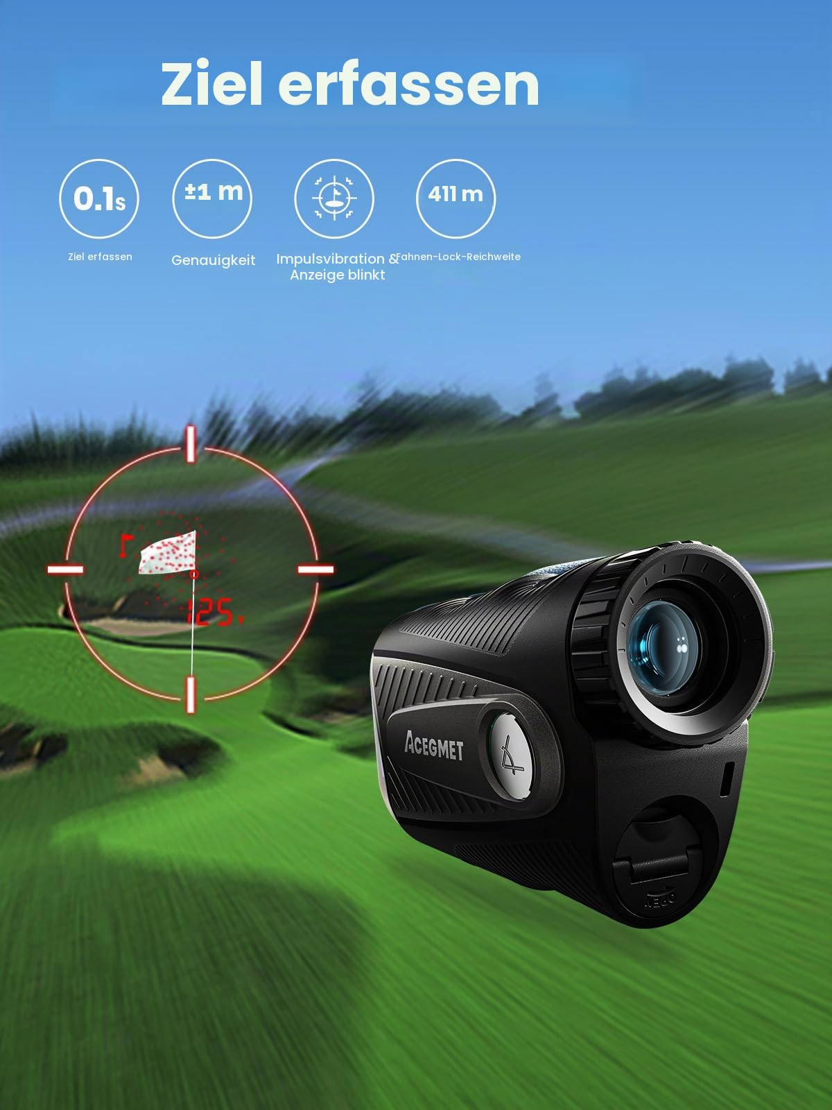 ACEGMET Golf-Entfernungsmesser mit Ball-to-Pin&Neigungsfunktion–1300 yd Laserdistanzmesser, Hybrid-Akkuaufladbar, 0,1s Flaggenverriegelung Vibration,7x Vergrößerung,Rot-Schwarz-Display, Magnetfunktion