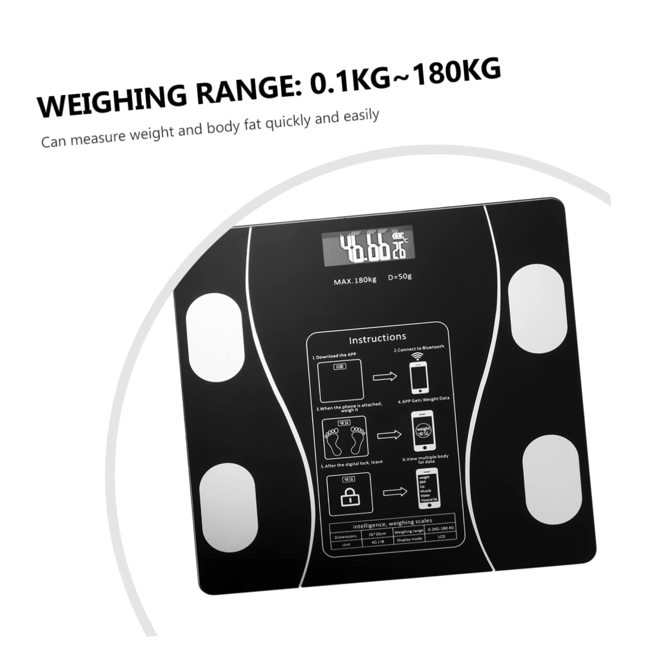 Bilancia per Grasso Corporeo USB Ricaricabile, 79 Dati, Ampio Display Led, Piedini Antiscivolo, per Casa, Nero