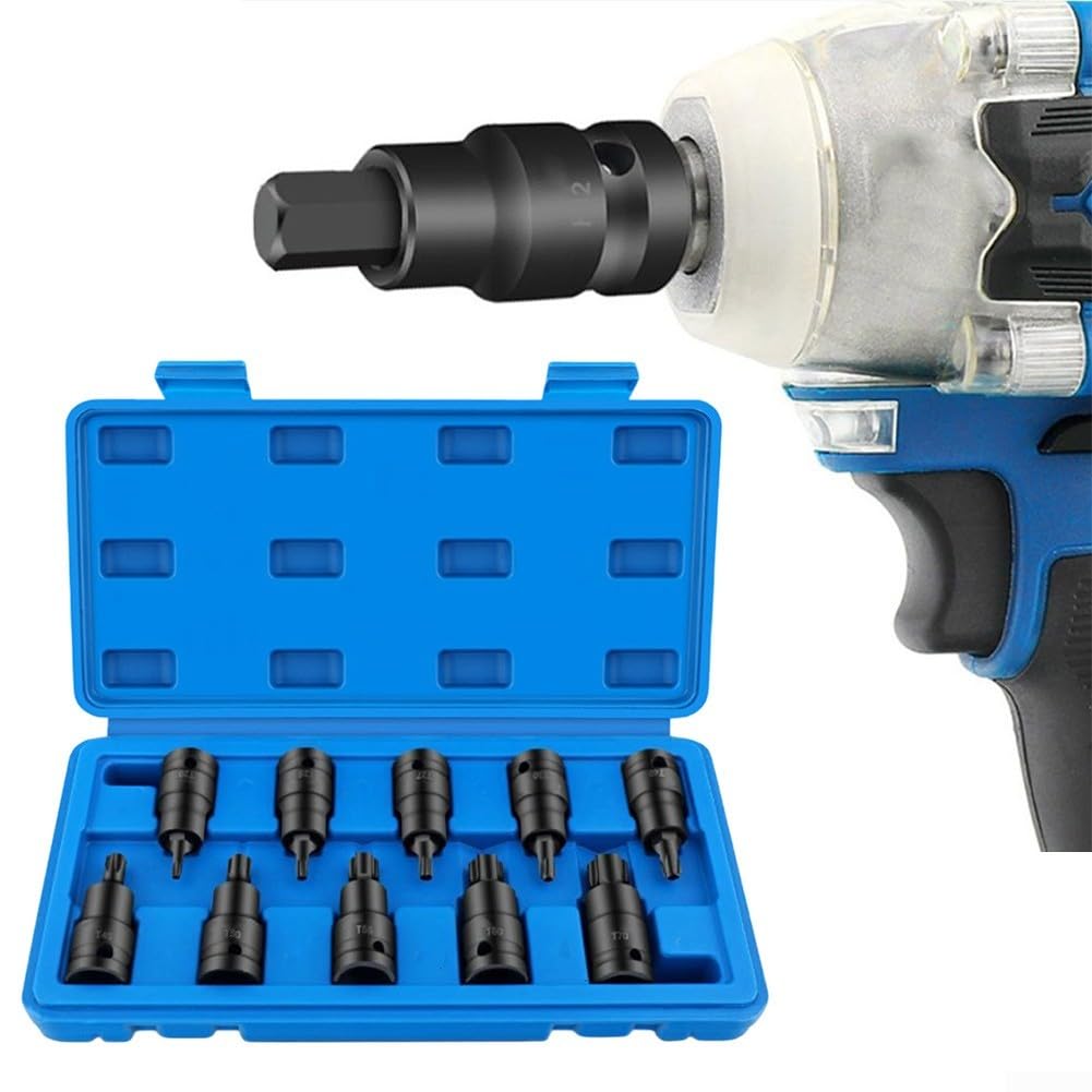 Zestaw adapterów nasadek Torx T20-T70, napęd 1/2 cala, 10 bitów nasadowych, kompatybilny z kluczem udarowym, zestaw adapterów nasadek w kolorze czarnym