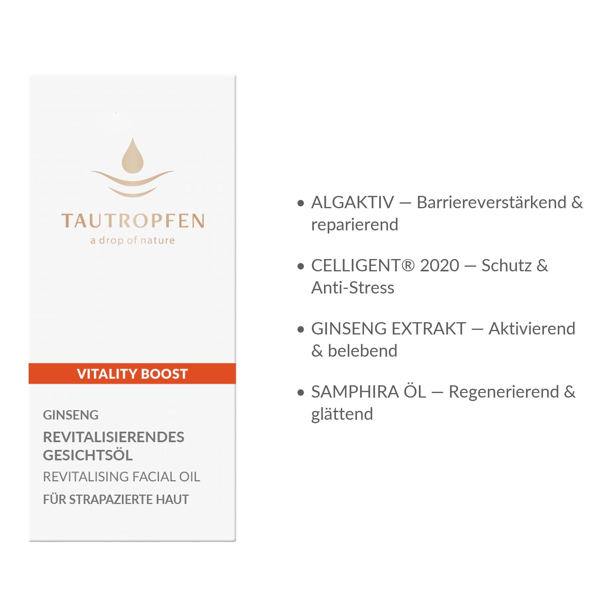 TAUTROPFEN Vitality Boost Gesichtsöl 35ml | Für strapazierte und gestresste Haut, sofort Effekt, Skincare mit ACGS Active Complex, hochwirksam
