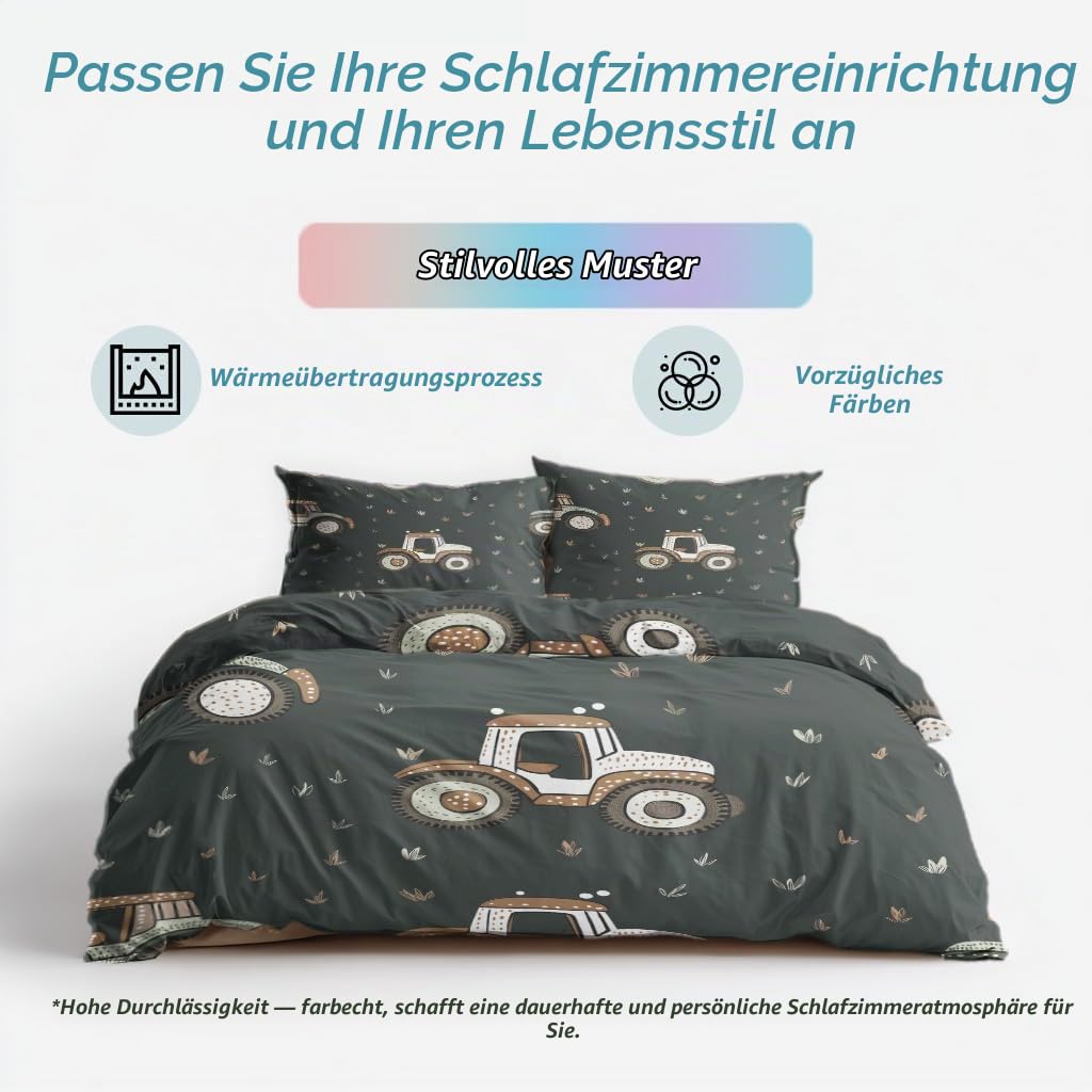 Generisch 135x200 Bettwäsche Traktor Bettbezug - 2tlg, 1 Kissenbezug 80x80, Cartoon Bauernhof Muster, Schlafzimmer Deko, Weiche Mikrofaser Wendebettwäsche mit Reißverschluss - IL270