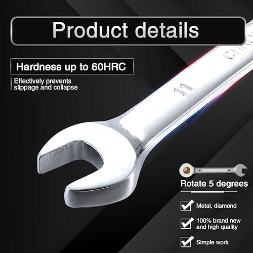 Miniatura 5 de KATUR Juego de llaves de trinquete fijas de 0.433 in y llaves de mango, juego de herramientas manuales de acero al cromo vanadio, combinación