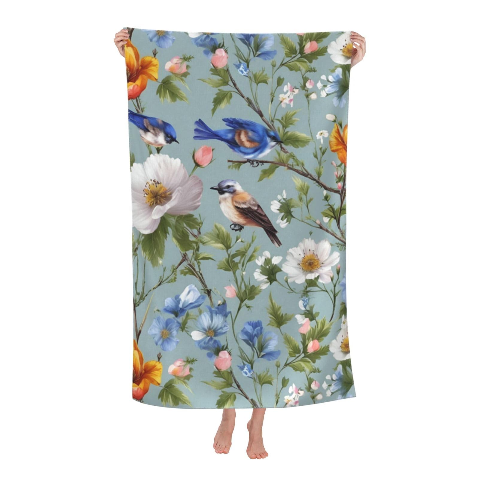 Pojknbv White Blossoming Wildflowers Birds Leaves Branches Print Oversized Adult Beach Towel Quick-Dry Comfortable Lightweight Travel Pool Camping
